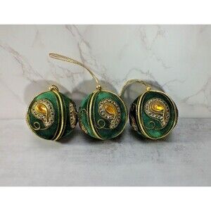 Vintage Christmas Ornaments Velvet Green Rhinestones Gold Braiding Lot Of 3